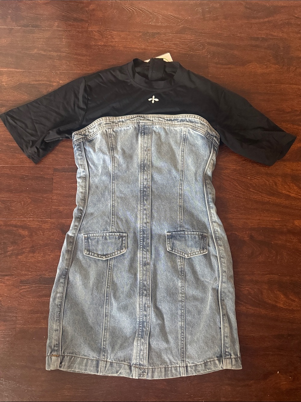 Mock-Neck Black & Light Blue Denim Mini Dress